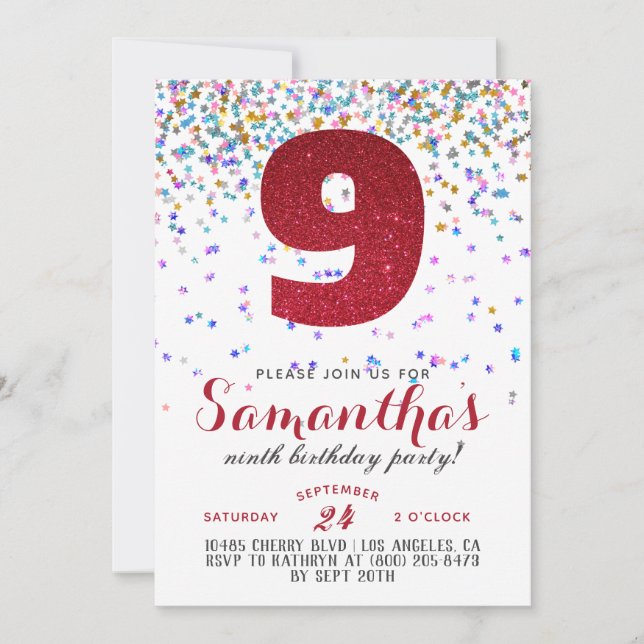 9th Birthday Confetti Invitation (Front)
