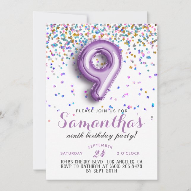 9th Birthday Confetti Invitation (Front)