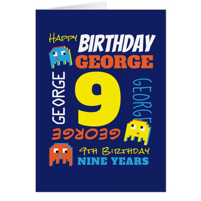 9th birthday custom name yellow blue pixel gamer (Front)