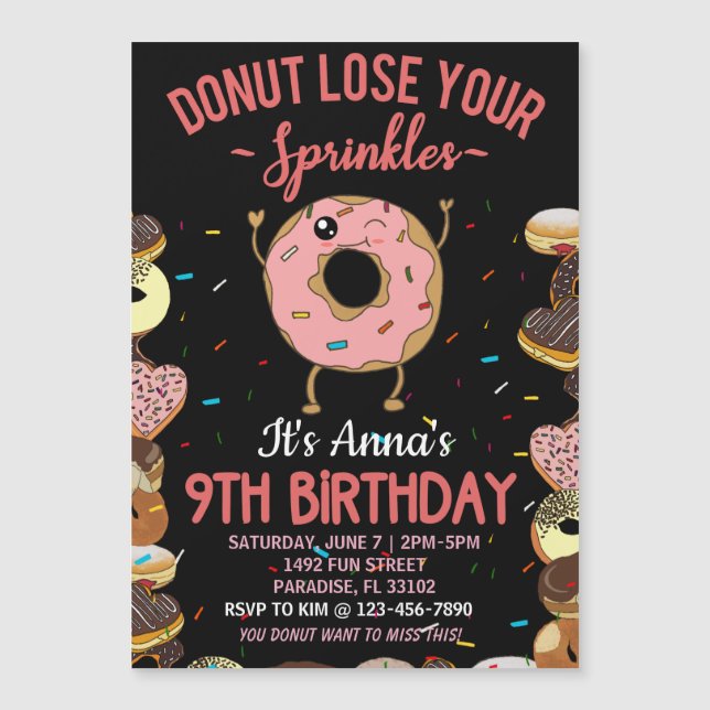 9th Birthday Doughnut Lose Your Sprinkles Girls In Magnetic Invitation (Front)