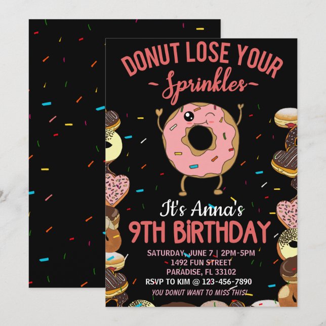 9th Birthday Doughnut Lose Your Sprinkles Girls Invitation (Front/Back)