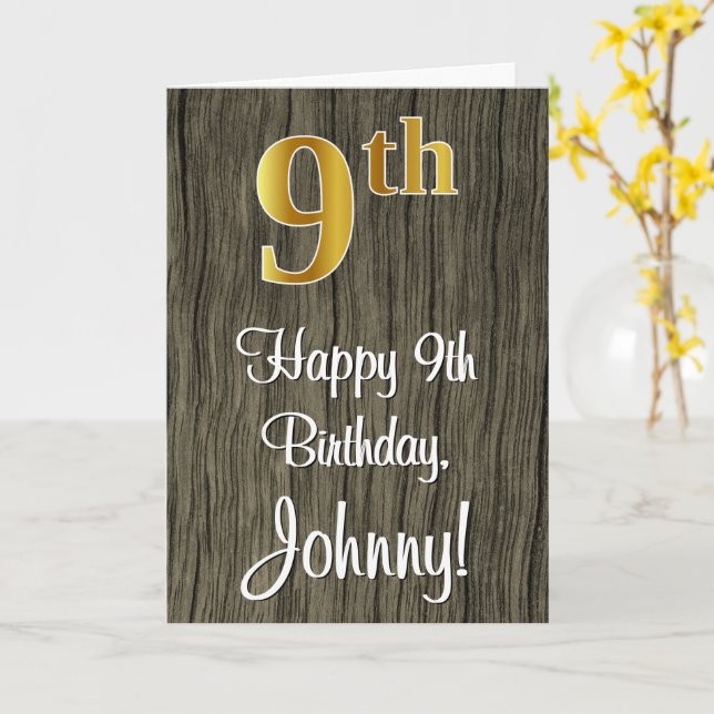 9th Birthday: Elegant Faux Gold Look #, Faux Wood Card (Yellow Flower)