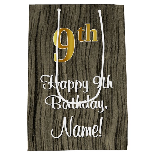 9th Birthday: Elegant Faux Gold Look #, Faux Wood Medium Gift Bag (Back)