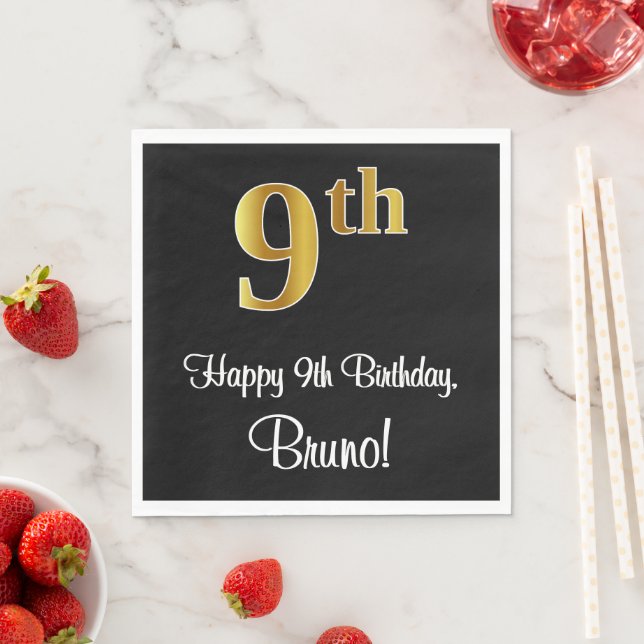 9th Birthday ~ Elegant Luxurious Faux Gold Look # Napkin (Insitu)