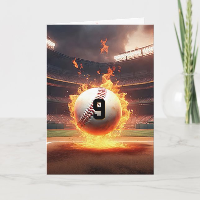 9th Birthday Flaming Baseball Card (Front)