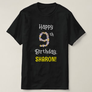 9th Birthday: Floral Flowers Number “9” + Name T-Shirt