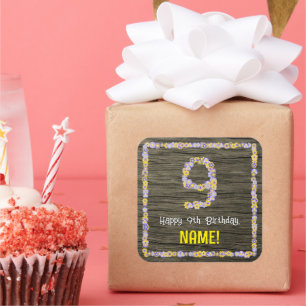 9th Birthday: Floral Number, Faux Wood Look, Name Square Sticker