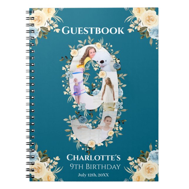 9th Birthday Flower Teal Photo Yellow Guest Book (Front)