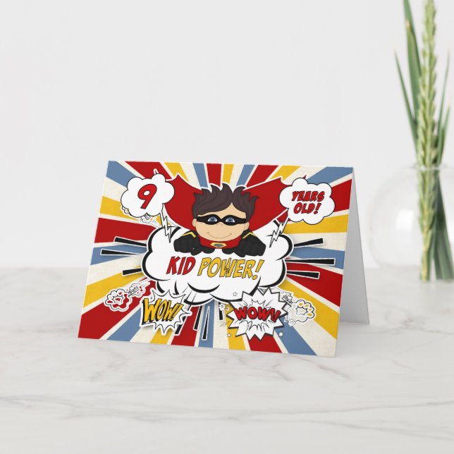 9th Birthday for Boys Super Kid Red Comic Book Card (Front)