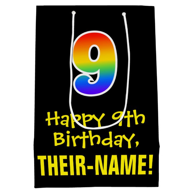 9th Birthday: Fun, Bold, Colourful, Rainbow "9" Medium Gift Bag (Back)