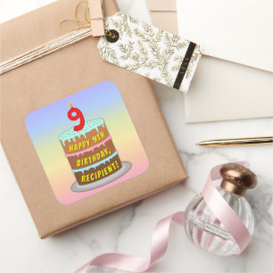 9th Birthday: Fun Cake and Candle + Custom Name Square Sticker