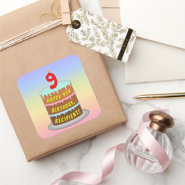 9th Birthday: Fun Cake and Candle + Custom Name Square Sticker (Gifting)