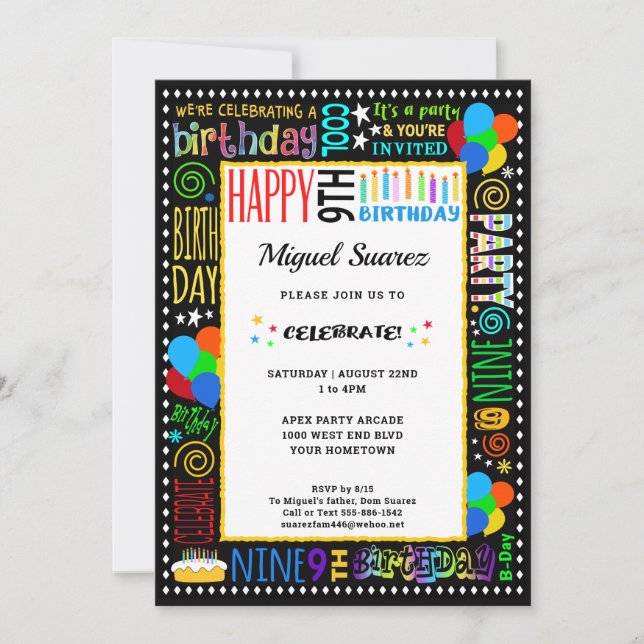 9th Birthday Fun Colour Crazy Text on Black Party Invitation (Front)