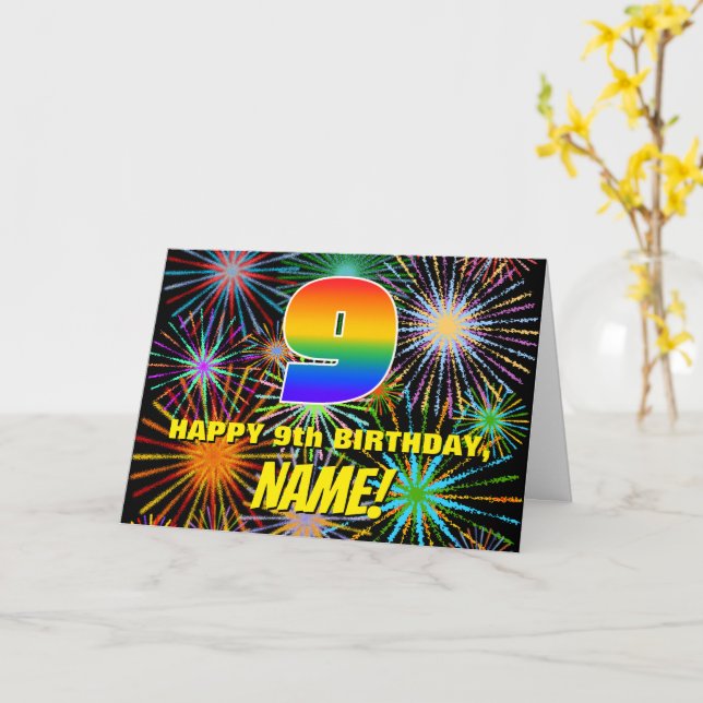 9th Birthday: Fun, Colourful Celebratory Fireworks Card (Yellow Flower)
