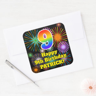 9th Birthday: Fun Fireworks Look, Rainbow # 9 Square Sticker