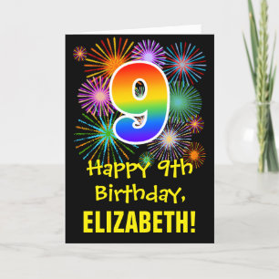 9th Birthday: Fun Fireworks Pattern + Rainbow 9 Card