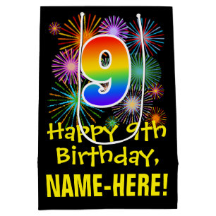 9th Birthday: Fun Fireworks Pattern + Rainbow 9 Medium Gift Bag