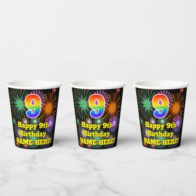 9th Birthday: Fun Fireworks Pattern + Rainbow 9 Paper Cups (Multi)