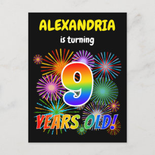 9th Birthday - Fun Fireworks, Rainbow Look "9" Postcard