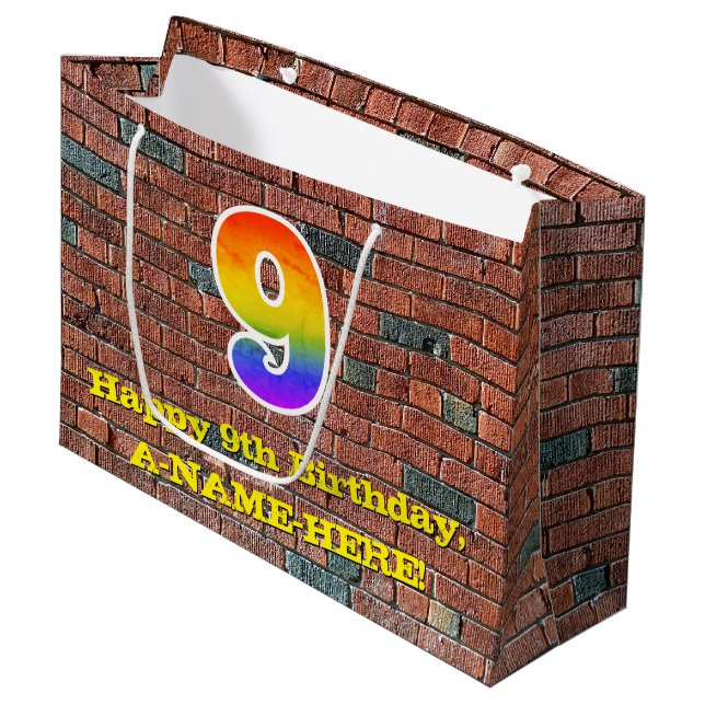 9th Birthday: Fun, Graffiti-Inspired Rainbow # 9 Large Gift Bag (Front Angled)