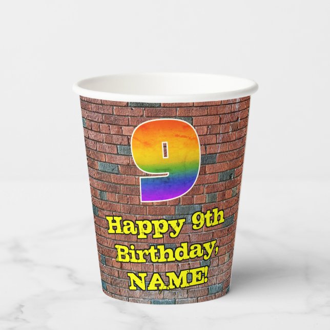 9th Birthday: Fun Graffiti-Inspired Rainbow 9 Paper Cups (Back)