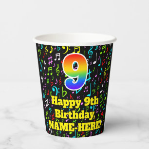 9th Birthday: Fun Music Notes Pattern, Rainbow 9 Paper Cups