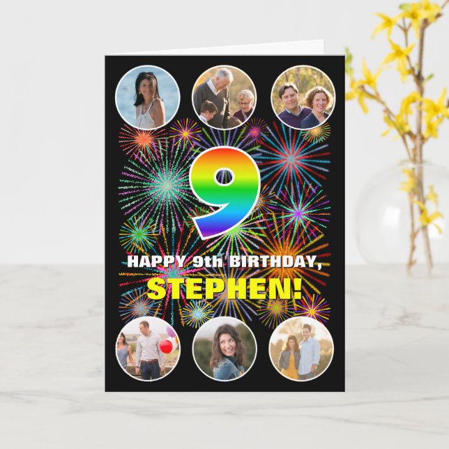 9th Birthday: Fun Rainbow #, Custom Name & Photos Card (Yellow Flower)