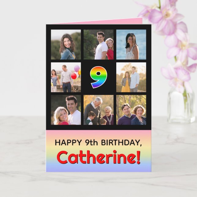 9th Birthday: Fun Rainbow #, Custom Photos + Name Card (Orchid)