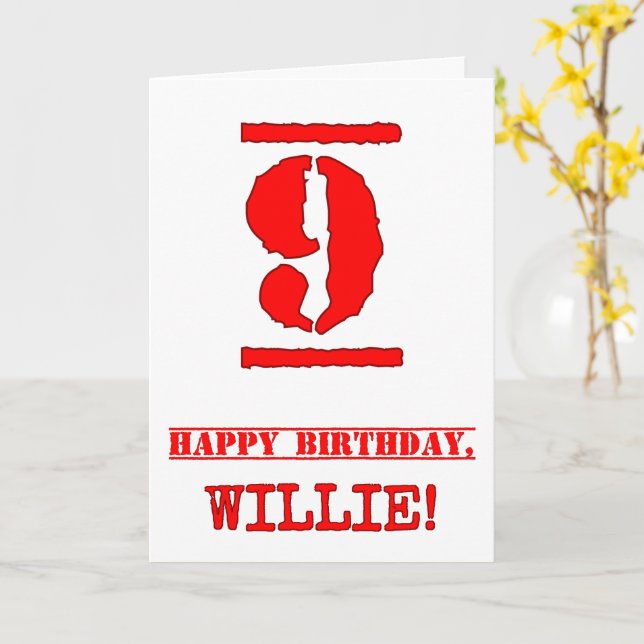 9th Birthday: Fun, Red Rubber Stamp Inspired Look Card (Yellow Flower)