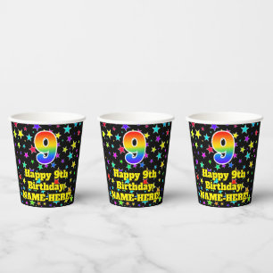 9th Birthday: Fun Stars Pattern and Rainbow 9 Paper Cups