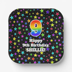 9th Birthday: Fun Stars Pattern and Rainbow “9” Paper Plate