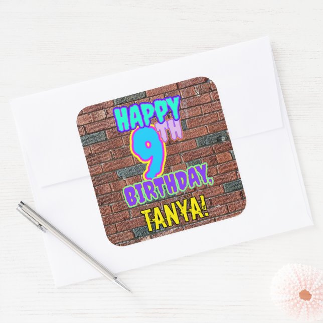 9th Birthday – Fun, Urban Graffiti Inspired Look Square Sticker (Envelope)