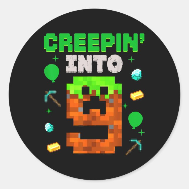 9th Birthday Gamer Pixel Creepin’ Into 9 Video Gam Classic Round Sticker (Front)