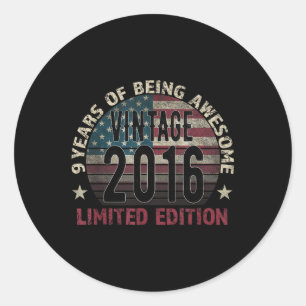 9th Birthday Gift Boy Vintage Born 2016 Turning 9 Classic Round Sticker