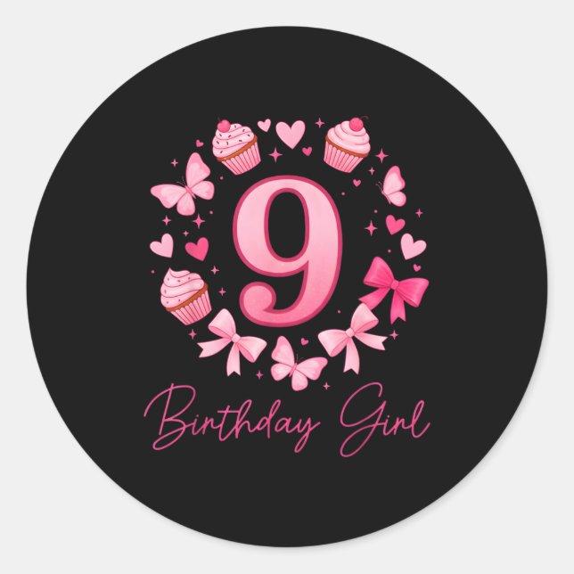 9th Birthday Girl Aesthetic Coquette Bow  Classic Round Sticker (Front)
