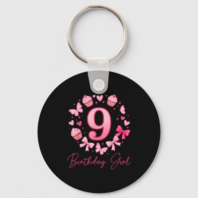 9th Birthday Girl Aesthetic Coquette Bow  Key Ring (Front)