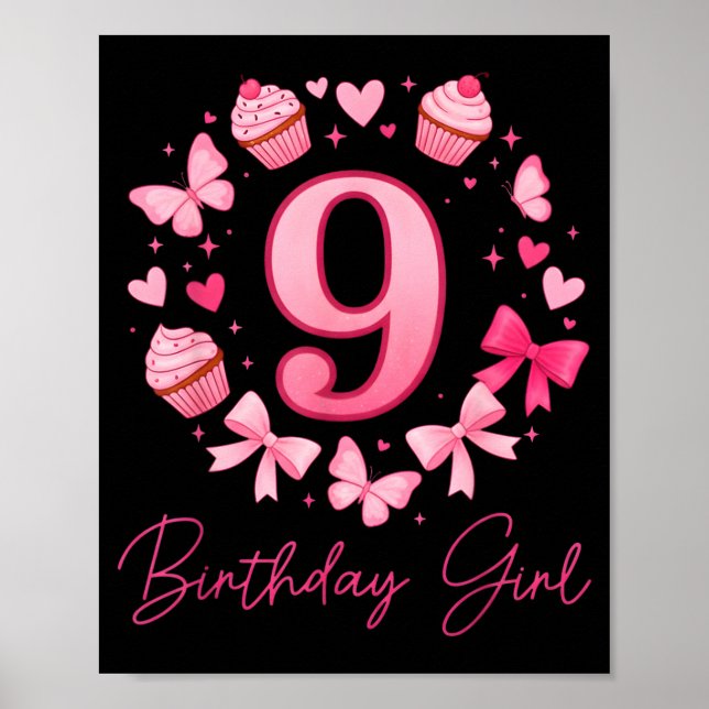 9th Birthday Girl Aesthetic Coquette Bow  Poster (Front)
