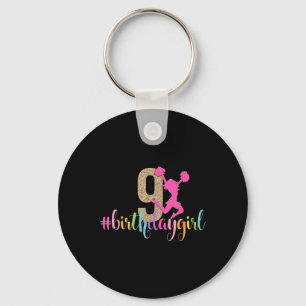 9th Birthday Girl Cheerleader Rainbow Cheerleading Key Ring