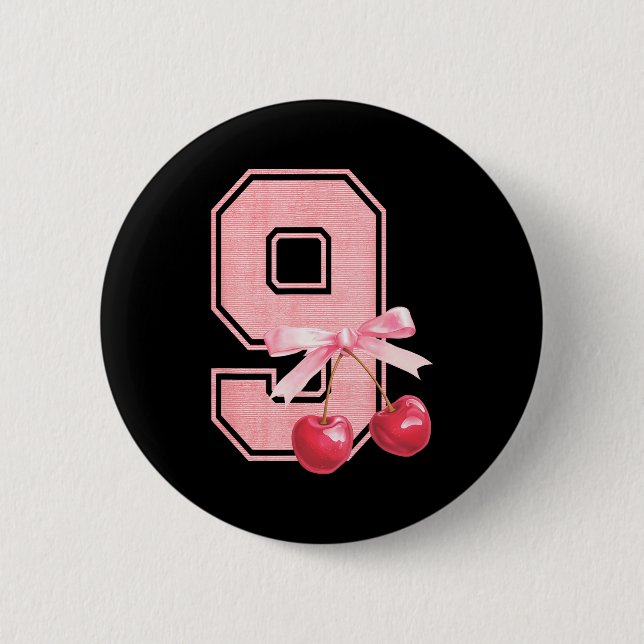 9th Birthday Girl Cherry Coquette Bow 9 Year Old G 6 Cm Round Badge (Front)