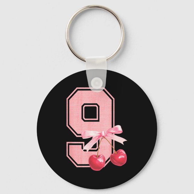 9th Birthday Girl Cherry Coquette Bow 9 Year Old G Key Ring (Front)