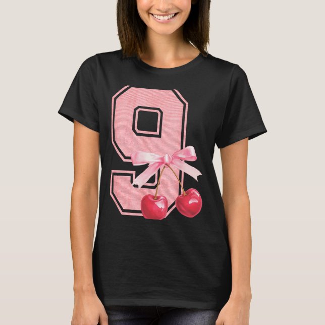 9th Birthday Girl Cherry Coquette Bow 9 Year Old G T-Shirt (Front)