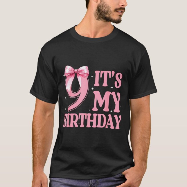9th Birthday Girl Coquette Nk Bows 9 Year Old Birt T-Shirt (Front)