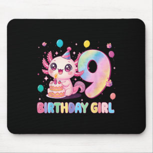 9th Birthday Girl Cute Axolotl 9 Years Old Birthda Mouse Mat