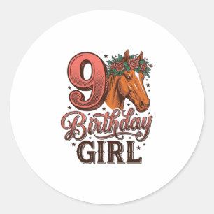 9th Birthday Girl Horse Floral Vintage Design Classic Round Sticker