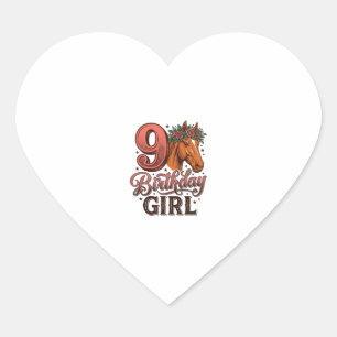 9th Birthday Girl Horse Floral Vintage Design Heart Sticker
