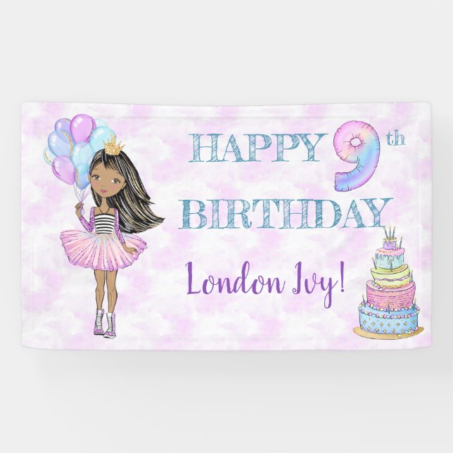 9th Birthday Girl Princess African American Banner (Horizontal)