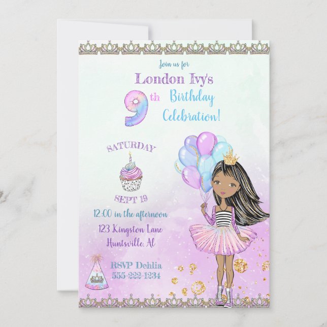 9th Birthday Girl Princess African American Invitation (Front)