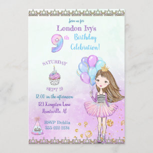 9th Birthday Girl Princess Cupcake Balloons Invitation