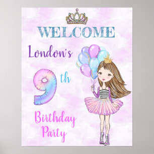 9th Birthday Girl Princess Lavender Turquoise Poster