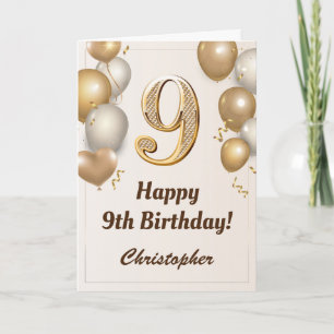 9th Birthday Gold Balloons and Confetti Birthday Card